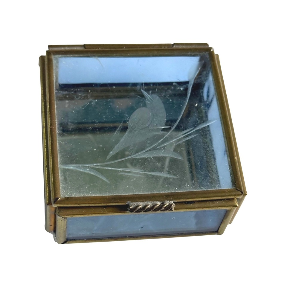 Vintage Blue Etched Bird Glass Trinket Box Mirror Bottom Mexico Brass Frame